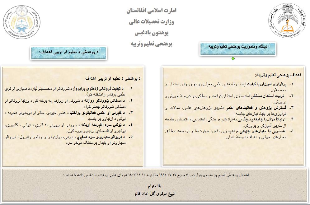 دیدگاه و ماموریت پوهنحی تعلیم وتربیه
